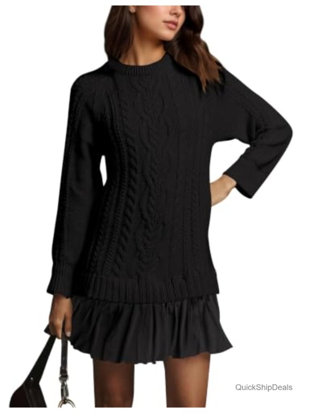 Cable Knit Sweater Dress Crew Neck Long Sleeve Pleated Mini Pullover